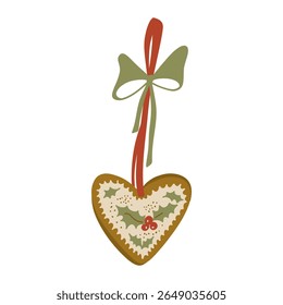 Christmas Heart Gingerbread on String with Bow Ribbon and Holly Berries. Food Market Street Food. Vintage Cartoon Colorful Hand Drawing Element. Xmas Cozy Aesthetic Vibes. Vector Illustration Isolated