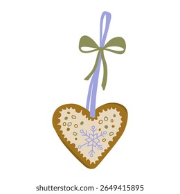Christmas Heart Gingerbread on String with Bow Ribbon and Snowflake. Food Market Street Food. Vintage Cartoon Colorful Hand Drawing Element. Xmas Cozy Aesthetic Vibes. Vector Illustration Isolated
