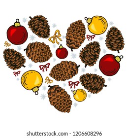 Christmas heart made of elements. Colorful New Year's decor with pine cones and balls.