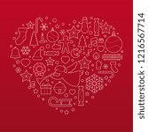Christmas heart made of christmas symbols on red background