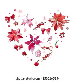 Christmas heart from poinsettia, ribbon bows, berries, snowflakes. Holiday red decorations. For postcards, greetings, cards, logo. Hand drawn design elements with watercolor texture. Festive backdrop.