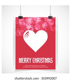 Christmas heart. Red glowing background hanging poster vector template