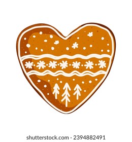 Christmas heart shape gingerbread cookie with white icing isolated on white background, vector illustration