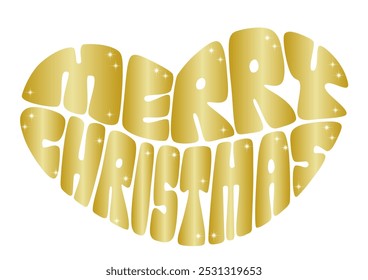 Christmas heart shaped typography. Vector illustration. Retro pop design. Shiny gold letters. White background.