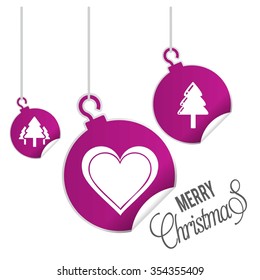 Christmas heart with tree Cards. hanging balls with page curl effect set with Merry Christmas Creative typography isolated on white background