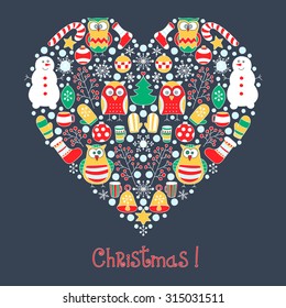 Christmas heart. Vector hand drawn heart with doodle winter elements. Snowman, owls, mittens, socks, berries, bells, snowflakes, stars, teacups.  On dark grey background.