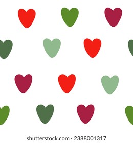 Christmas hearts seamless vector repeat pattern with cute hand drawn hearts in Christmas red and green hues on white. Simple cute holiday backdrop in red, burgundy, mint, green.