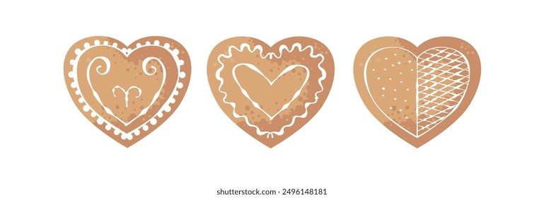 Christmas heart-shaped gingerbread cookies decorated with icing - set of vector illustrations