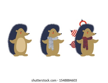 Christmas hedgehog set. Cute character carrying christmas decoration design. Cartoon flat style. Vector illustration