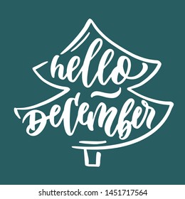 Christmas "Hello December" hand drawn lettering. Calligraphy on blue background. Composition for banner, postcard, poster design element stories, posts, etc. Vector eps10