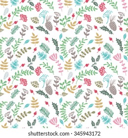 Christmas herbal color pattern.  Hand drawing. Plants with Christmas symbols. Seamless pattern for fabric, paper and other printing and web projects.