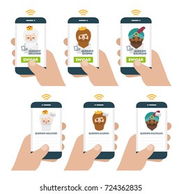 Christmas is here. Send your letter to The three wise men of orient from your cell phone. Set of Hands holding smartphones.