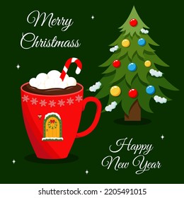 Christmas, Hew Year greeting card, invitation with mug of hot chocolate and christmas tree. Mug with candy, marshmallows, christmas wreath, lantern, door. Vector illustration.