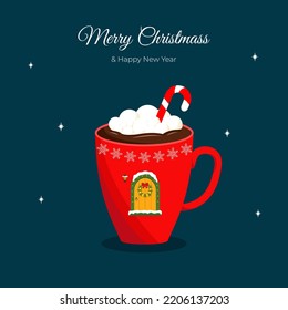 Christmas, Hew Year greeting card, invitation with mug of hot chocolate. Mug with candy, marshmallows, christmas wreath, lantern, door. Vector illustration.