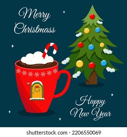 Christmas, Hew Year greeting card, invitation with mug of hot chocolate and christmas tree. Mug with candy, marshmallows, christmas wreath, lantern, door. Vector illustration.