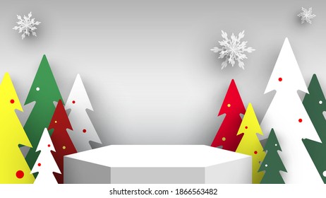 Podio hexagonal de Navidad con copos de nieve y árboles. Puesto de exposición. Pedestal. Ilustración vectorial.