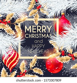 Christmas high detailed vector card with christmas decorations and white pine branches