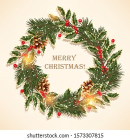 Christmas high detailed vector card with holly and green pine branches