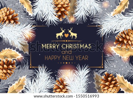 Christmas high detailed vector card with holly leaves and pine branches and cones
