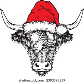 Christmas Highland Cow with Santa Hat.  Scottish Cattle Color. Vector Illustration.