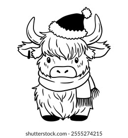 Christmas Highland Cow with Santa Hat. Cute baby cow in hat with pompom and scarf.  Outline drawing. Line vector illustration.  Isolated on white background. Good for posters, t shirts, postcards.