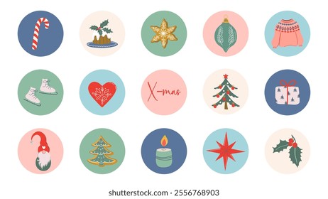 Christmas highlight covers for social media. Set of cute flat design Winter holidays clip arts. Hand drawn icons with cozy Xmas elements. Stickers, weekly planner elements.
