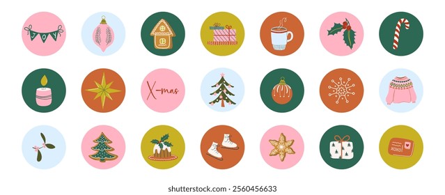 Christmas highlight covers for social media. Set of cute flat design Winter holidays illustrations. Hand drawn icons with cozy Xmas symbols. Stickers, weekly planner elements.