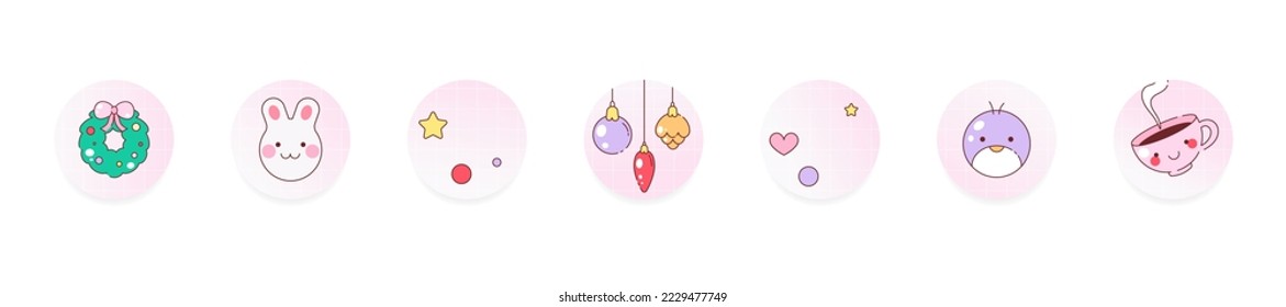 Christmas highlight covers vaporwave y2k design for New Year and winter holidays. Round icons for social media stories, labels, stickers. Pink circle set with Christmas decorations, wreath, animals.