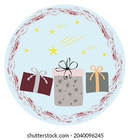 christmas highlights icon for social media design, round icon with stylized holiday gifts in boho style on light background