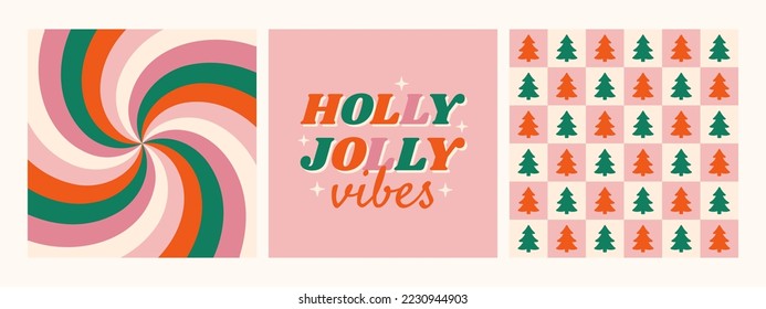 Christmas hippie retro 70s background collection. Holly Jolly Vibes phrase with twirl and checkered wallpapers. Vector illustration