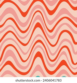 Christmas hippie retro 70s background. Wavy lines wallpaper. Vector red and pink illustration. Merry Christmas and Happy New Year background, textile, wrapping paper, print