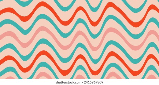 Christmas hippie retro 70s background. Wavy lines wallpaper. Vector red and pink illustration. Merry Christmas and Happy New Year background, textile, wrapping paper, print