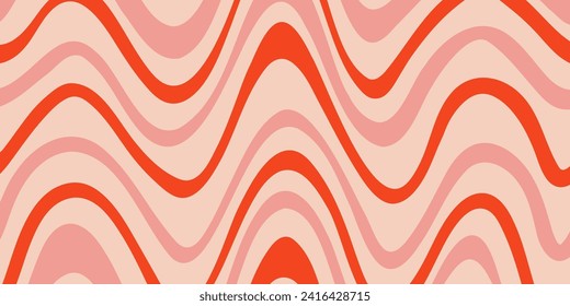 Christmas hippie retro 70s background. Wavy lines wallpaper. Vector red and pink illustration. Merry Christmas and Happy New Year background, textile, wrapping paper, print