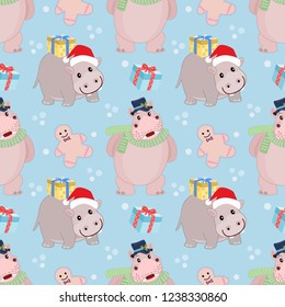 Christmas Hippopotamus Seamless Pattern.