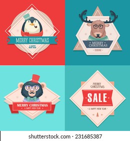 Christmas hipster animals. Sale card. Vector illustration