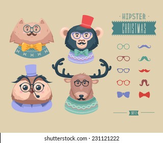 Christmas hipster animals. Vector illustration eps 10