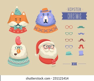 Christmas hipster animals. Vector illustration eps 10