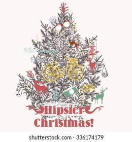 Christmas hipster background with Xmas tree decorated by bicycle deer and other hipster things