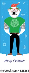 Christmas hipster Bear. Flat illustration. The bear hipster tattoos is on the ice. Christmas Greeting Card Design.