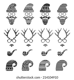 Christmas Hipster Black and White Retro Vintage Vector Icons with Geometric Hand Drawn Pattern Background