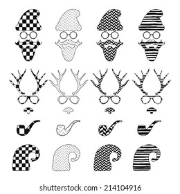 Christmas Hipster Black and White Retro Vintage Vector Icons with Geometric Hand Drawn Pattern Background