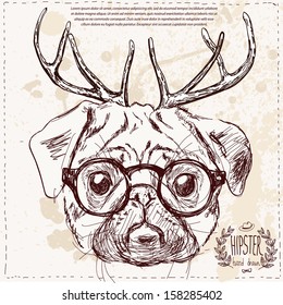 Christmas hipster dog with deer horns hand draw, sketchy illustration on vintage textured background