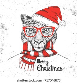 Christmas Hipster fashion animal cheetah dressed  a New Year hat and scarf
