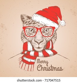 Christmas Hipster fashion animal cheetah dressed  a New Year hat and scarf