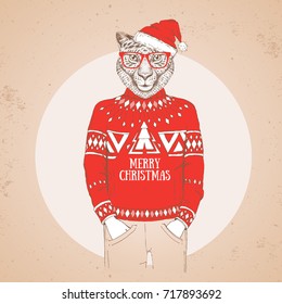 Christmas Hipster fashion animal cheetah dressed a New Year hat and pullover