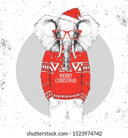 Christmas Hipster fashion animal elephant dressed in New Year hat and pullover