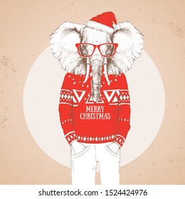 Christmas Hipster fashion animal elephant dressed in New Year hat and pullover