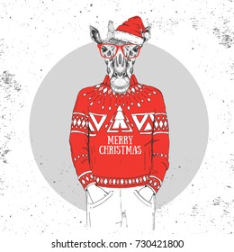 Christmas Hipster fashion animal giraffe dressed a New Year hat 