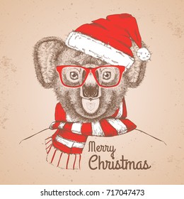 Christmas Hipster fashion animal koala dressed  a New Year hat and scarf