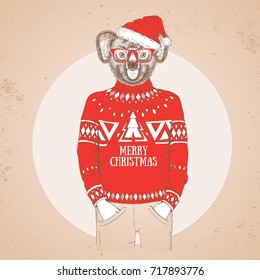 Christmas Hipster fashion animal koala dressed a New Year hat and pullover